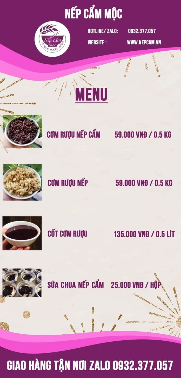 Menu sản phẩm của Nếp Cẩm Mộc